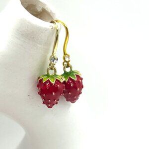1 3/8" Elegant Figural Strawberry Strawberries Gold Rhinestone Drop Earrings New